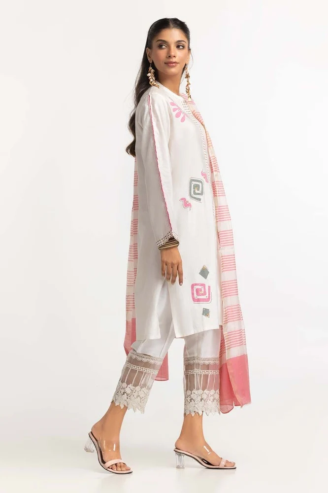 Dyed Screen Print Cotton Net Shirt With Yarn Dyed Dupatta - Image 4