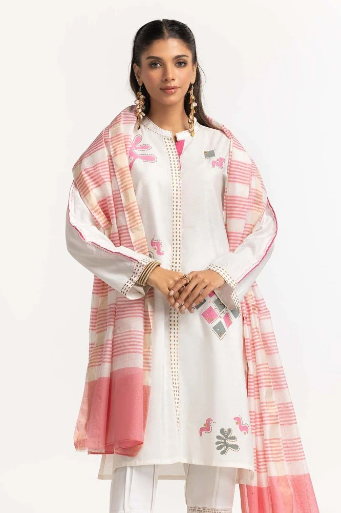 Dyed Screen Print Cotton Net Shirt With Yarn Dyed Dupatta - Image 5