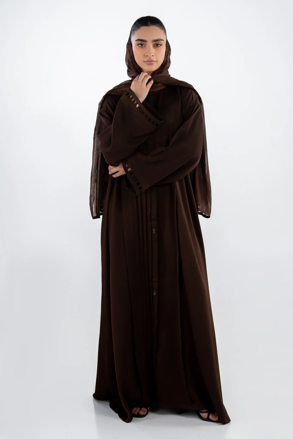 Georgette Embellished Abaya With Stripe Chiffon Scarf - Image 3