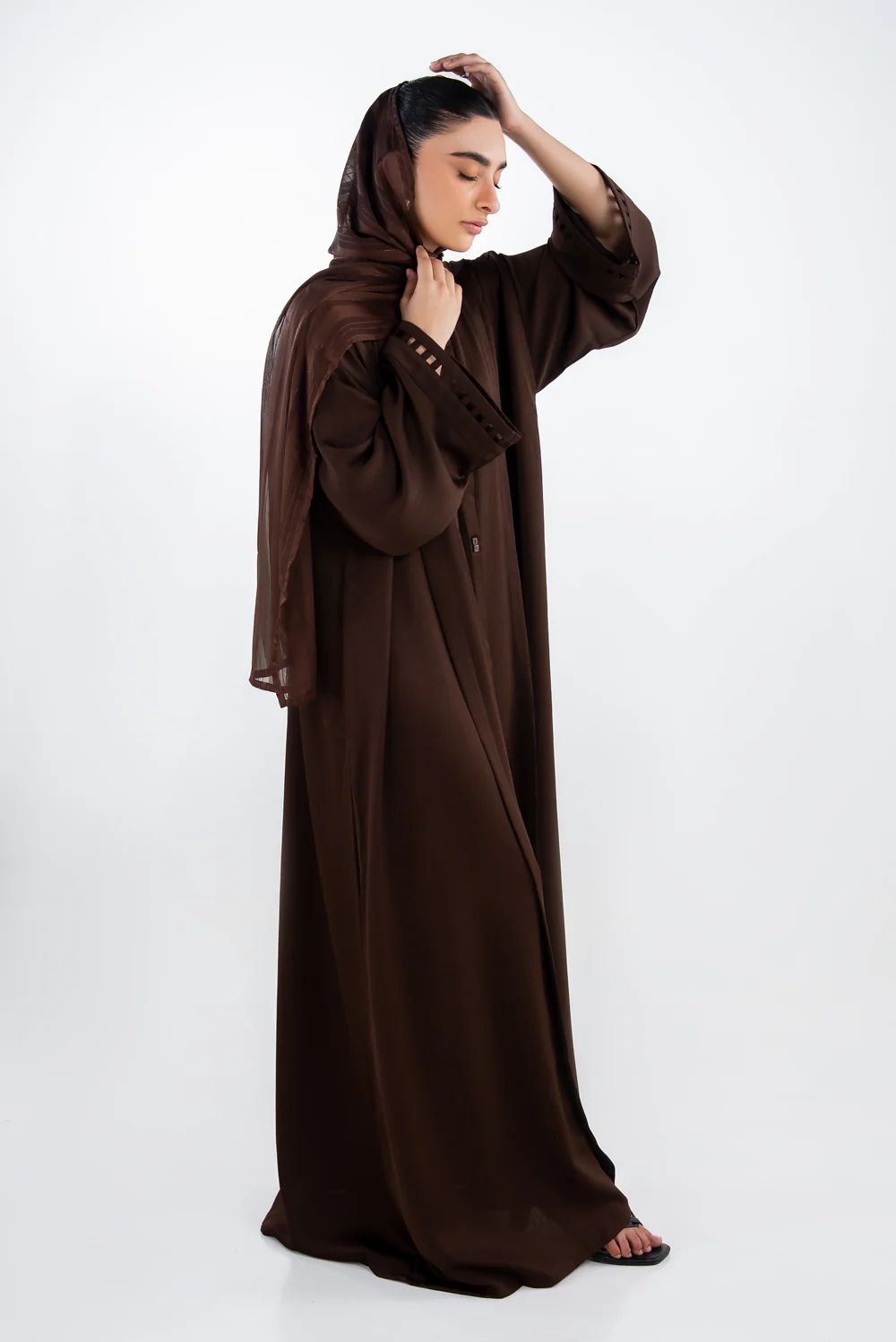 Georgette Embellished Abaya With Stripe Chiffon Scarf - Image 6
