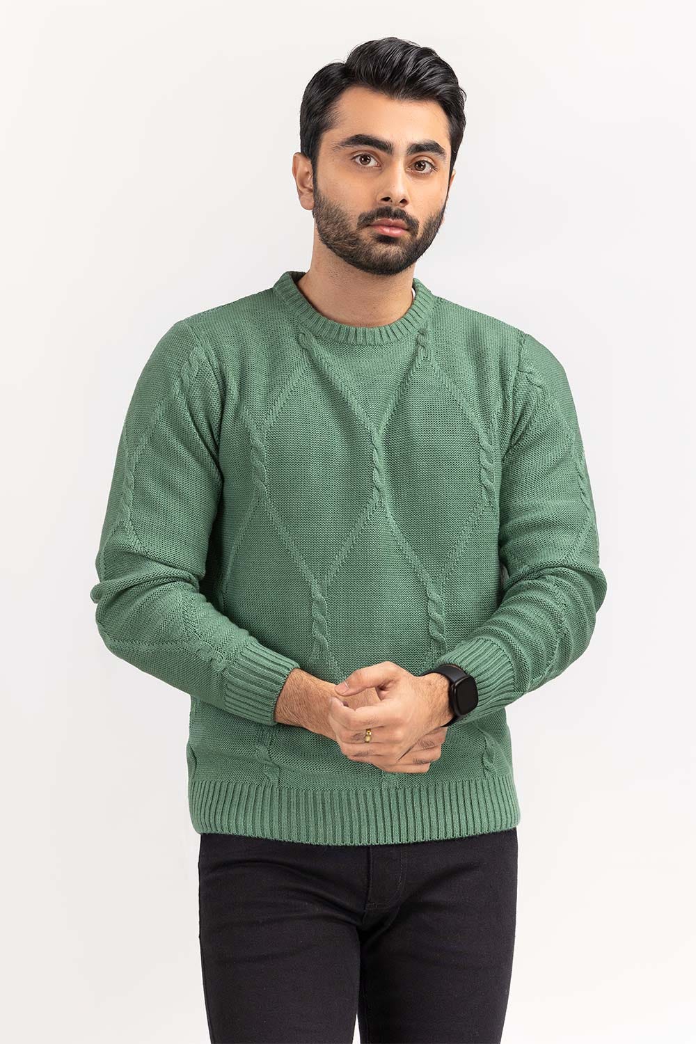 Green Cabling Crew Neck Sweater - Image 2
