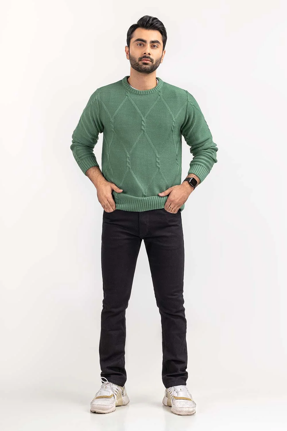 Green Cabling Crew Neck Sweater - Image 3