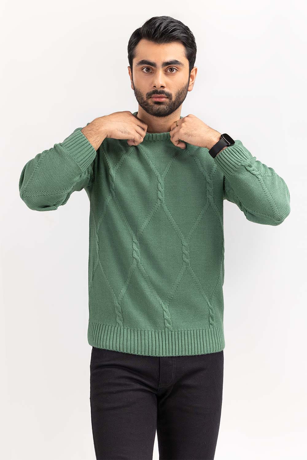 Green Cabling Crew Neck Sweater - Image 4