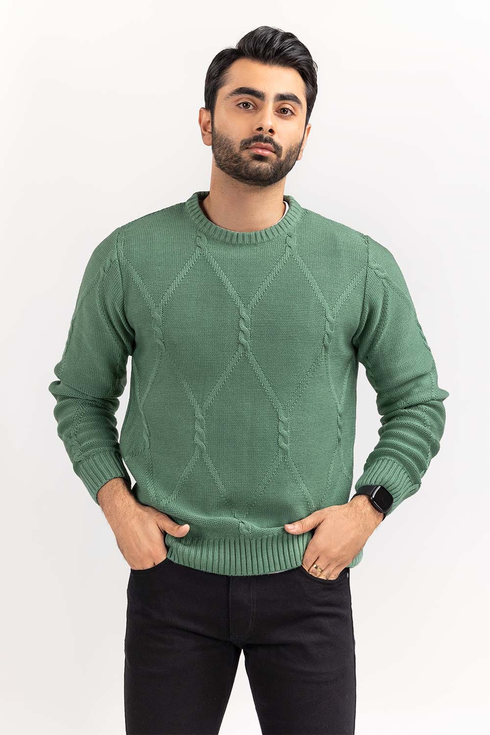 Green Cabling Crew Neck Sweater - Image 5