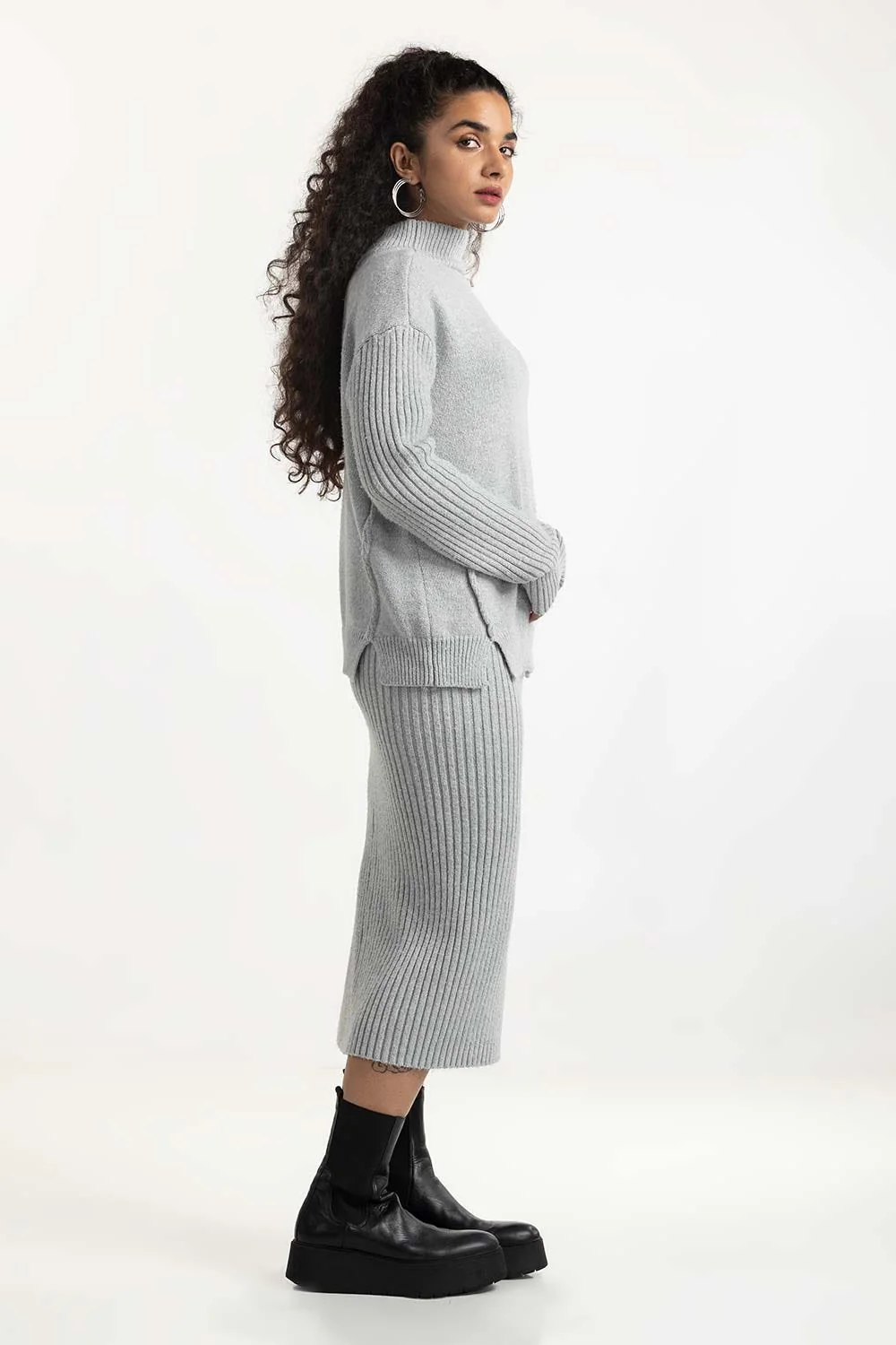 Grey Knit Skirt with Slit