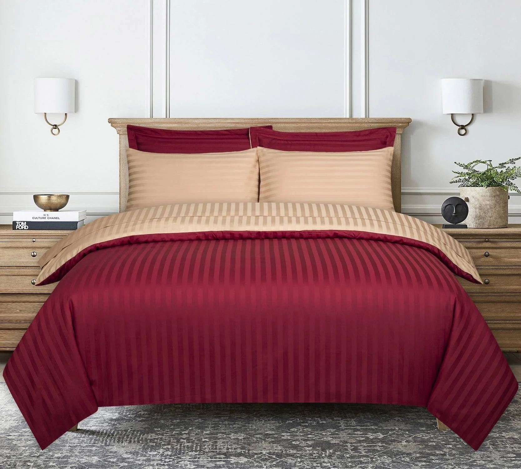 Jester Red and Biscotti Stripe Satin T-250 Quilt Cover Set - Image 2