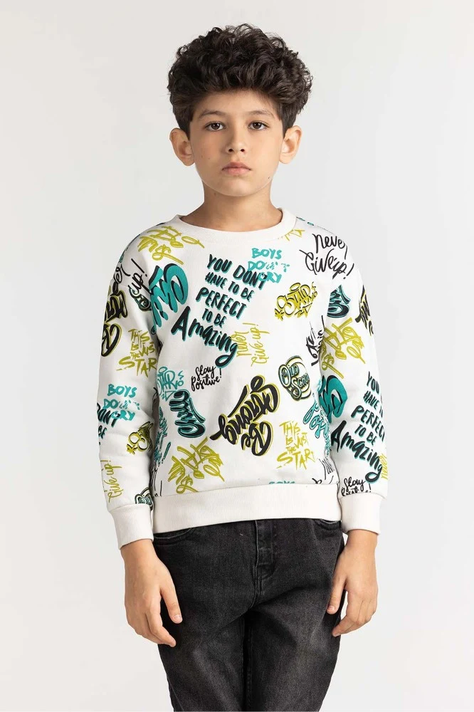 Junior Boy White Printed Sweatshirt