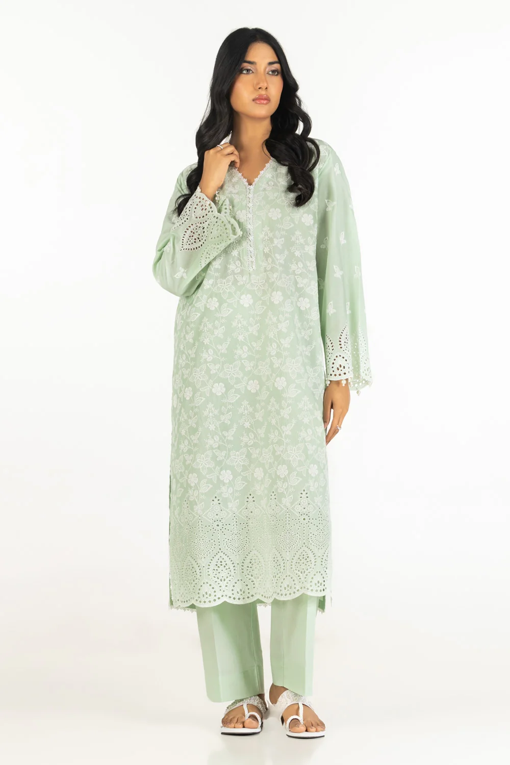 Lawn Schiffli Embroidered Shirt And Dyed Trouser IUSTTS-637