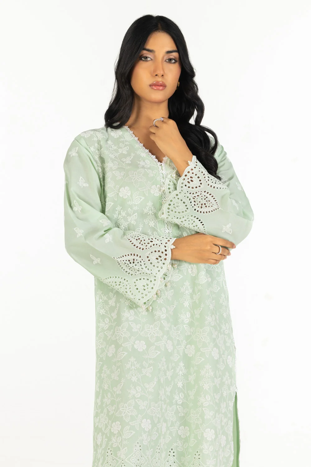 Lawn Schiffli Embroidered Shirt And Dyed Trouser IUSTTS-637 - Image 4