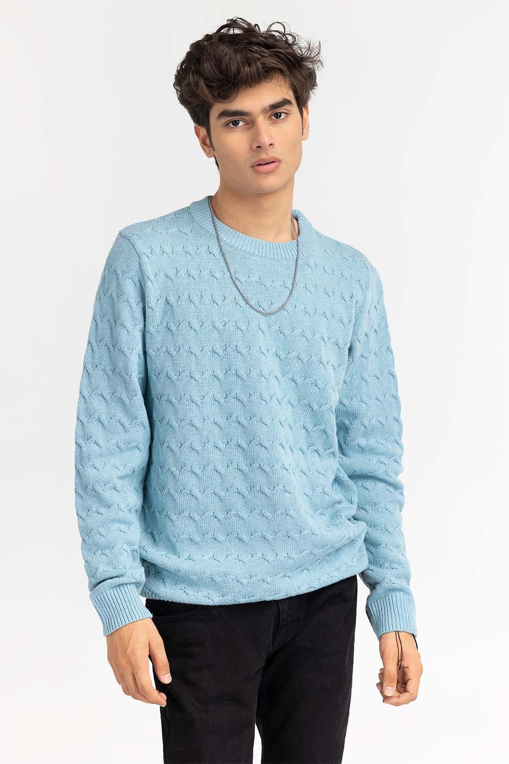 Light Blue Textured Crew Neck Sweater - Image 2