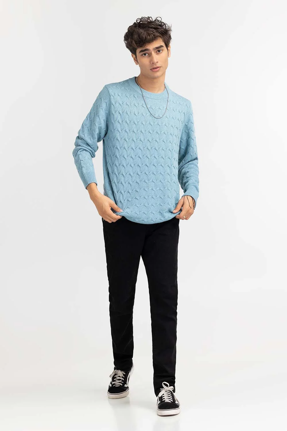 Light Blue Textured Crew Neck Sweater - Image 6