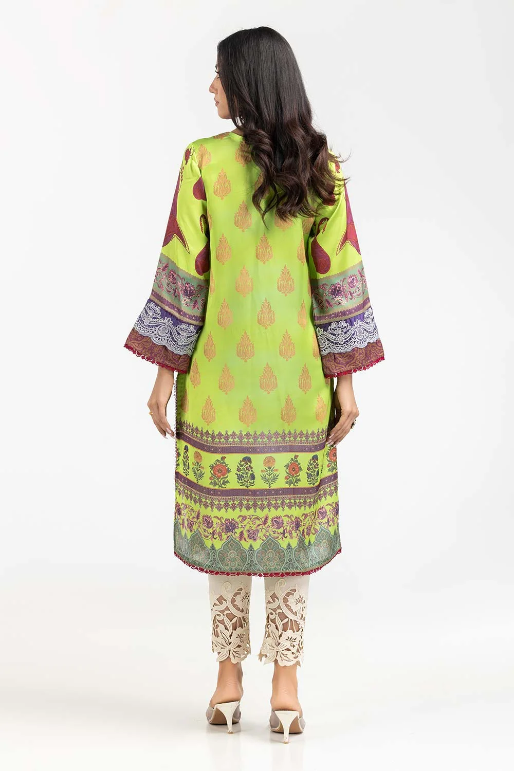 Luxury Pret Printed Charmeuse silk Embroidered Kurti - Image 3