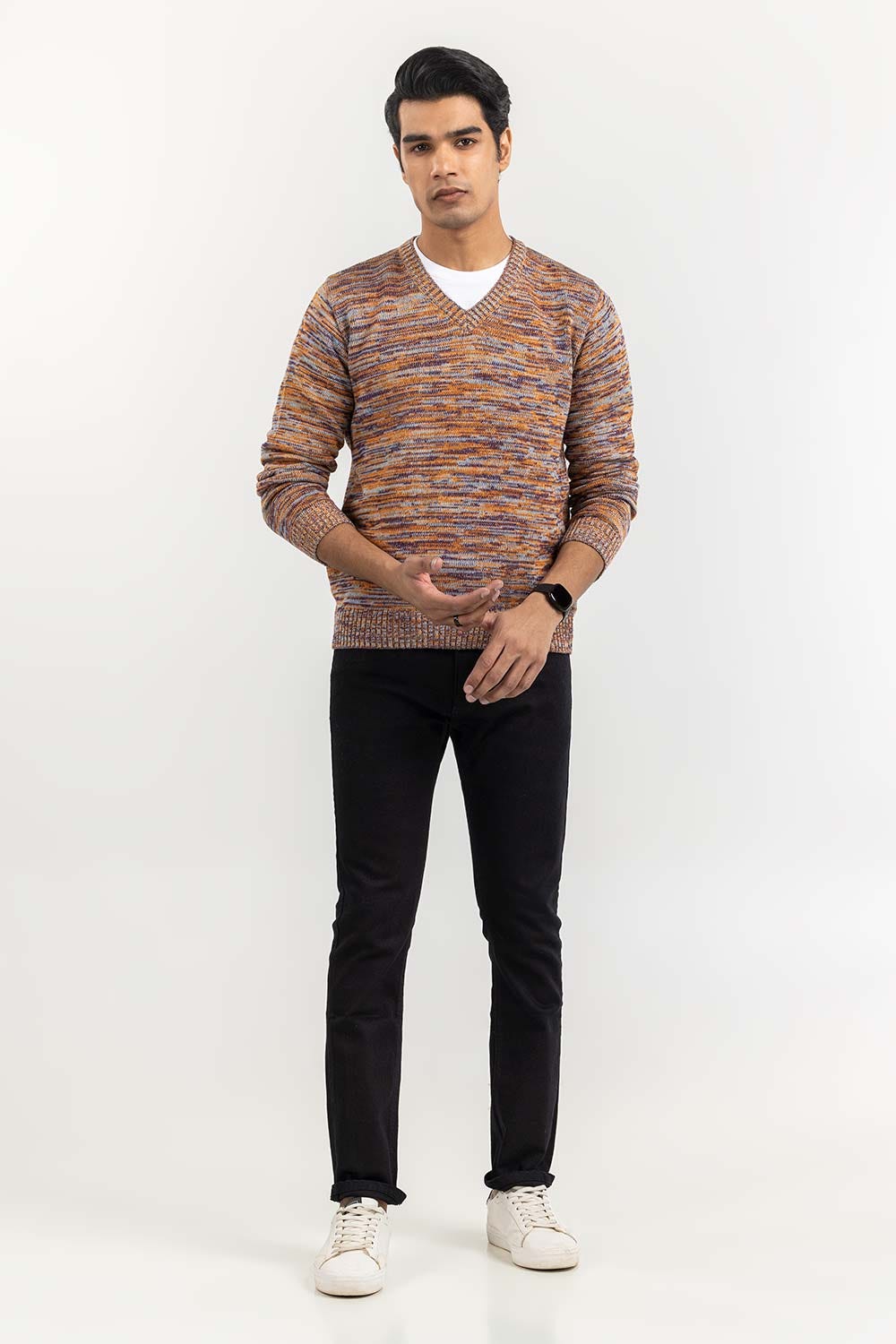 Multi Color Textured V Neck Sweater