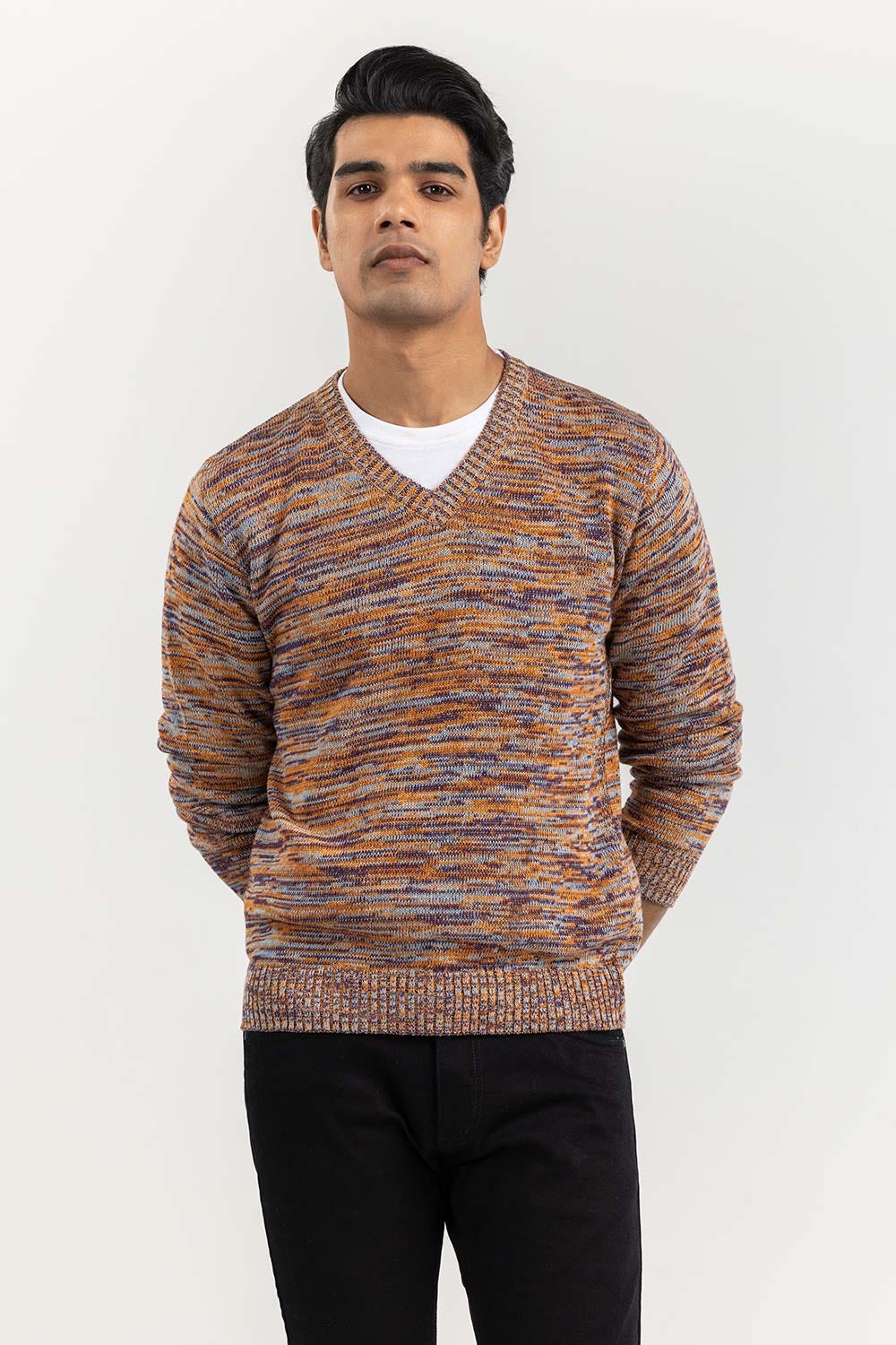 Multi Color Textured V Neck Sweater - Image 4