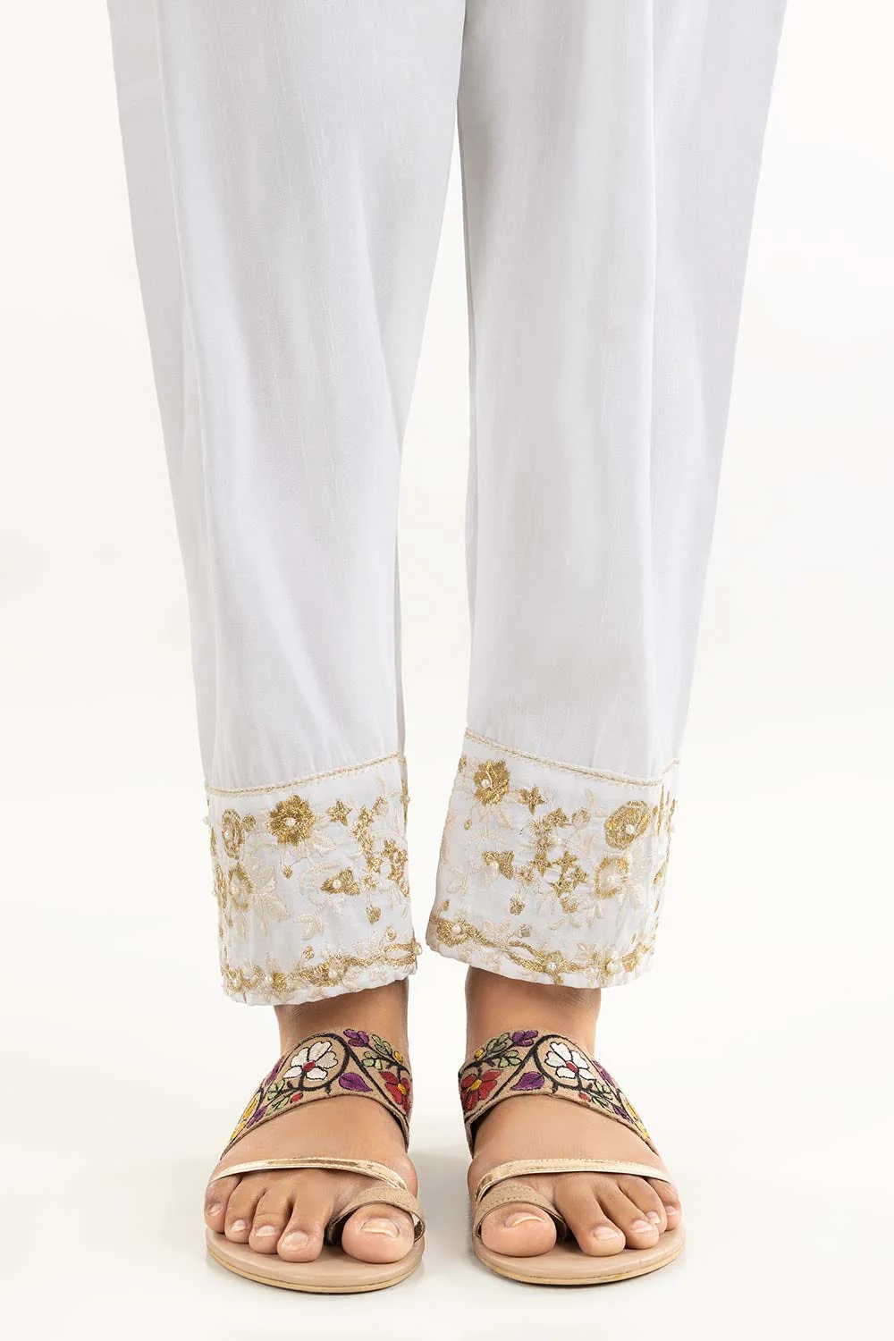 Off White Raw Silk Embroidered Trousers - Image 2