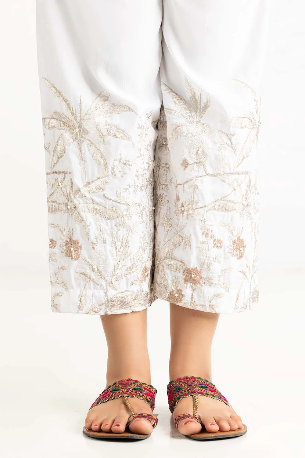 Off White Raw Silk Embroidered Trousers - Image 2
