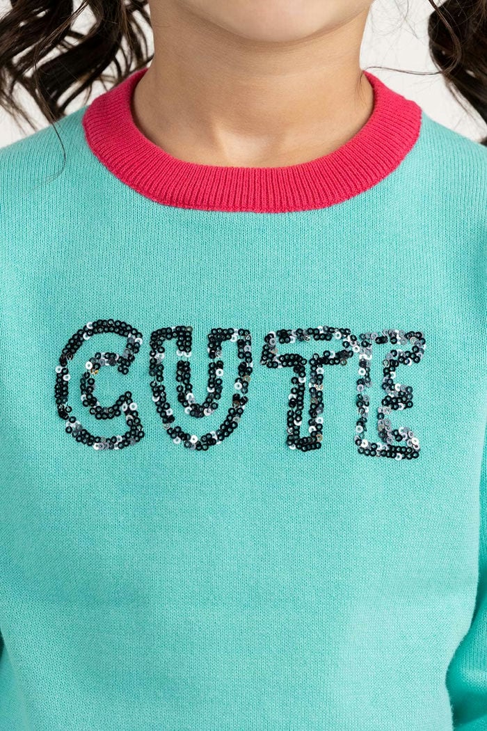Toddler Girl Aqua Knit Sweater - Image 3