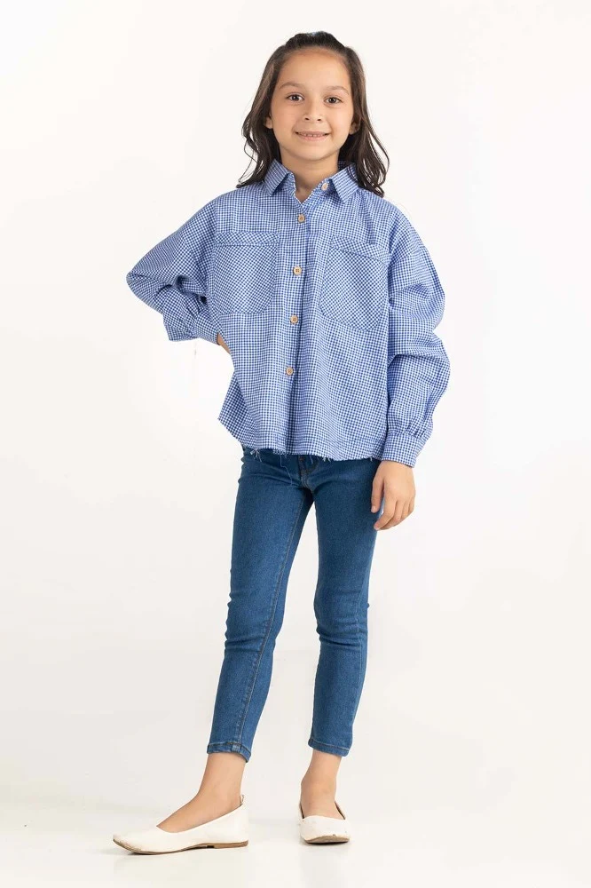 Toddler Girl Blue and White Checkered Casual Shirt - Image 4