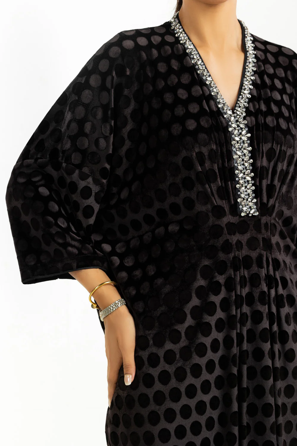 Velvet Polka Dots Embellished Kaftan - Image 2