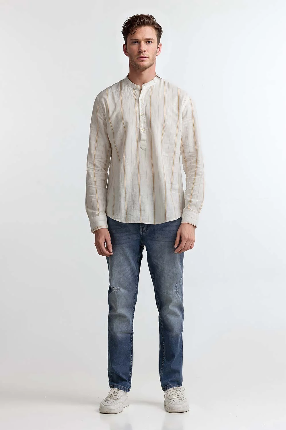 White Orange Stripe Casual Shirt - Image 5