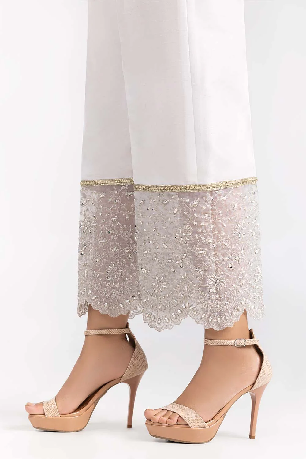 White Raw Silk Embroidered Trousers