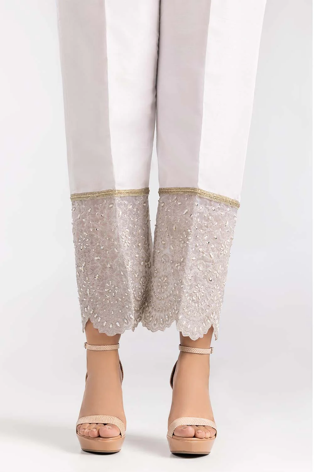 White Raw Silk Embroidered Trousers - Image 2