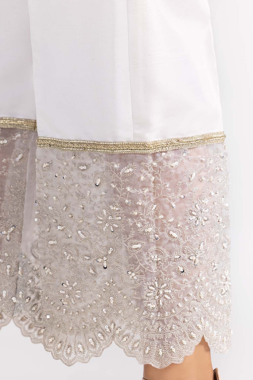White Raw Silk Embroidered Trousers - Image 3