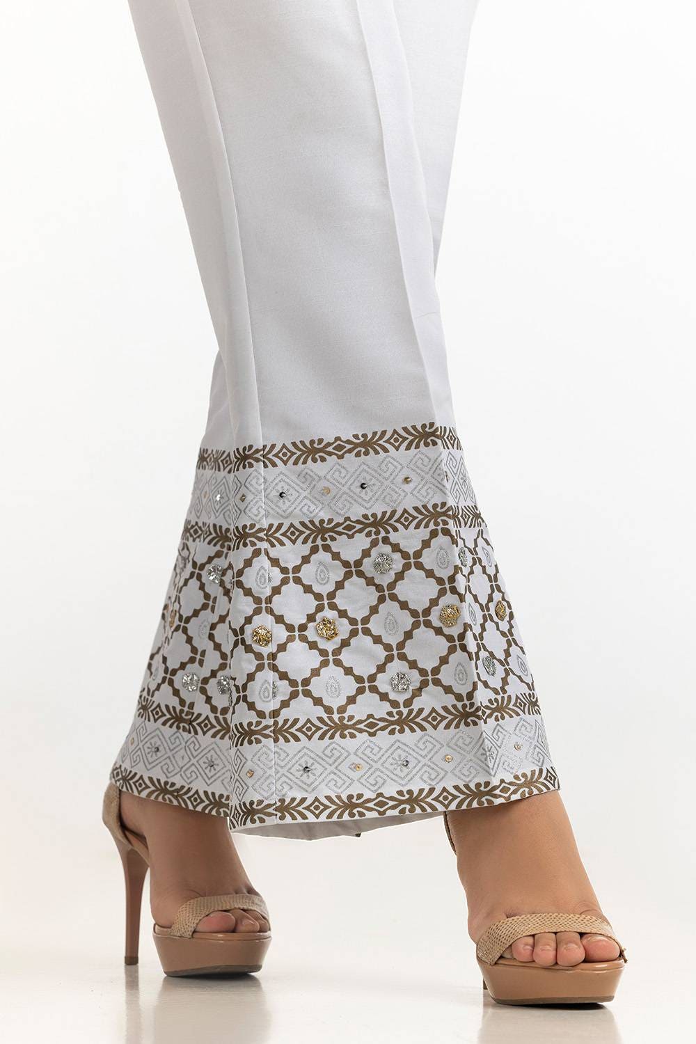 White Rawsilk Block Printed Trouser - Image 3