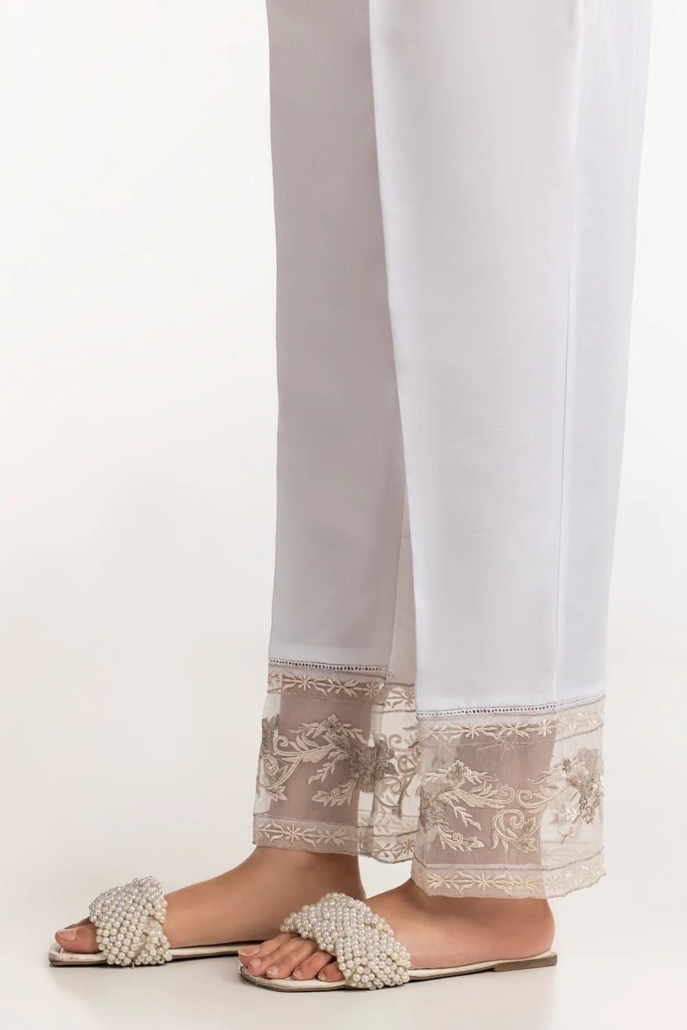 White Rawsilk Embroidered Trouser - Image 3