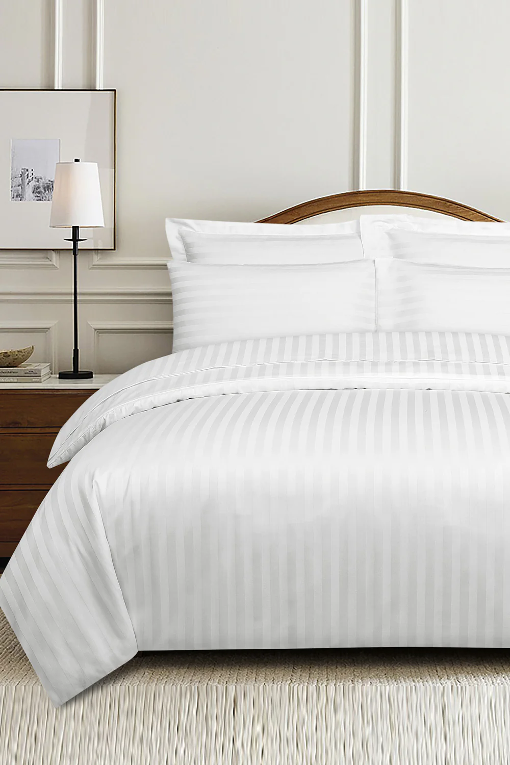 White Stripe Satin Complete Bed Set